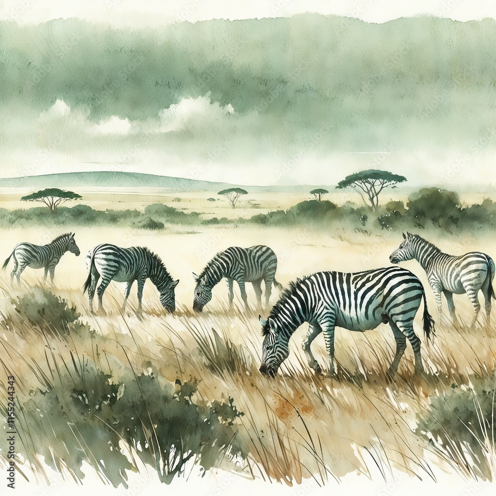 Fototapeta premium Watercolor zebras grazing in open savanna with muted green tones