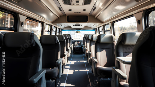 Spacious intercity bus interior with wide cushioned seats, individual tray tables, and footrests. Generative AI