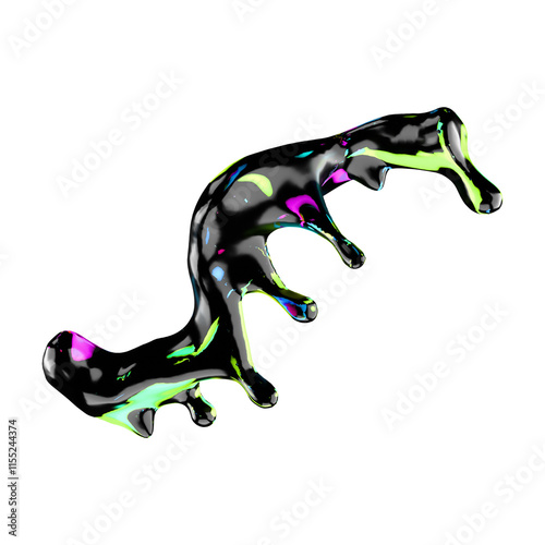 3D Abstract black liquid oil splash neon color illustration
