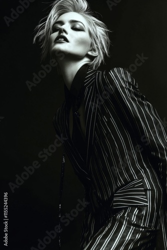 Fashion Editorial Portrait: A female model, wearing black neck tie, pin stripped black blazer and pants, against a dark  background. Smokey make-up. Elegant. black and white image. 