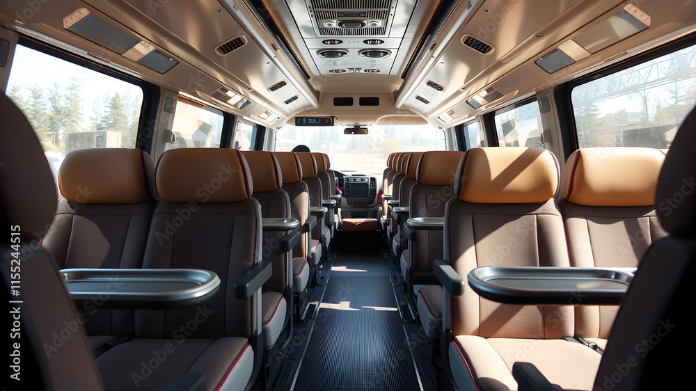 Obraz premium Spacious intercity bus interior with wide cushioned seats, individual tray tables, and footrests. Generative AI