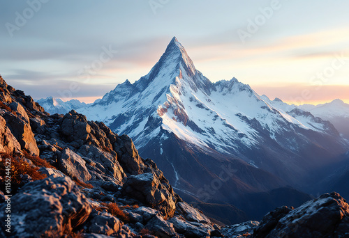 Top black rocks in evening golden sunshine and white-snow pointy peak. Atmospheric dawn landscape with high snowy mountain with peaked top.