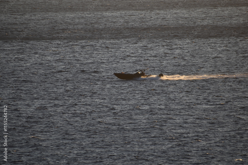 Fototapeta premium White speedboat cruising across the ocean with a trail of water behind The boat moves swiftly through the calm waters near the rocky coastline creating a dynamic and adventurous scene 