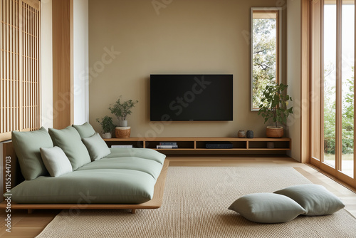 A warn relax sofa in a studio apartment, showcasing Japanese and Scandinavian interior design with TV space of living room 