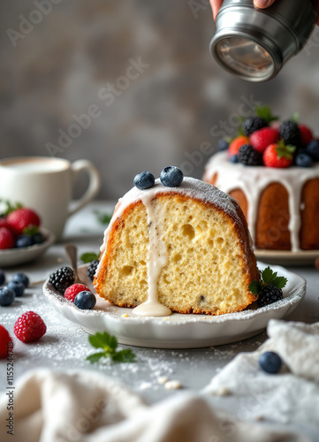 Traditional vanilla pound cake baked in a bundt pan served with fresh berries