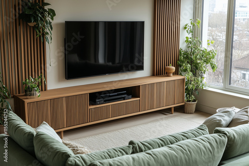 A warn relax sofa in a studio apartment, showcasing Japanese and Scandinavian interior design with TV space of living room 