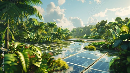 A field of solar panels reflecting sunlight, with a bright blue sky and lush greenery surrounding them photo