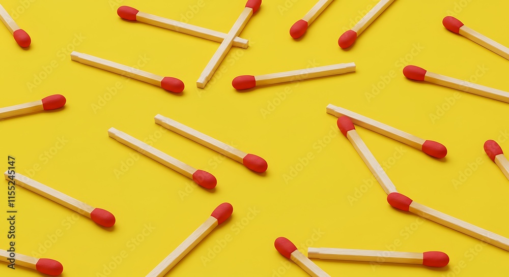 minimalistic design, matches, yellow background, , pattern, red tips, flat lay composition, bright colors, contrast, simple arrangement, everyday objects, creative layout, modern aesthetic minimalistic design, matches, yellow background, , pattern, red tips, flat lay composition, bright colors, contrast, simple arrangement, everyday objects, creative layout, modern aesthetic
