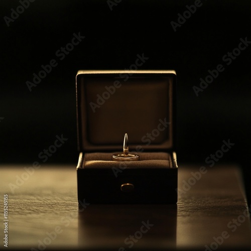 Elegant engagement ring in velvet box on wooden table at night
