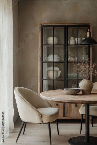 A beige sofa and chairs surrounding a light oak wooden table near a large window. Large living room decoration 