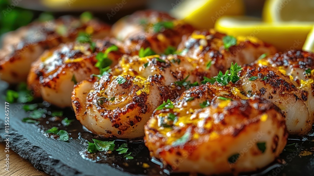 Roasted scallops with lemon zest and parsley on a dark stone plate. Roasted scallops with lemon zest and parsley on a dark stone plate.