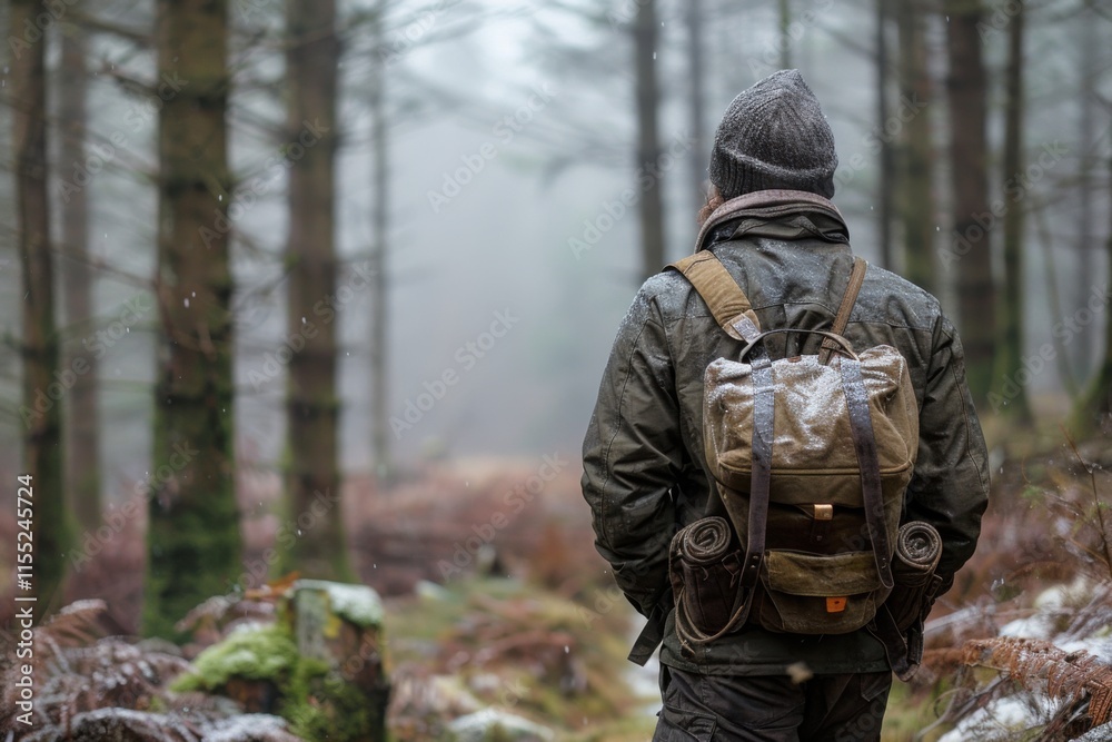 A man is hiking through a misty forest, wearing a backpack and warm clothing. The scene captures a peaceful and serene atmosphere in a countryside setting. A man is hiking through a misty forest, wearing a backpack and warm clothing. The scene captures a peaceful and serene atmosphere in a countryside setting.