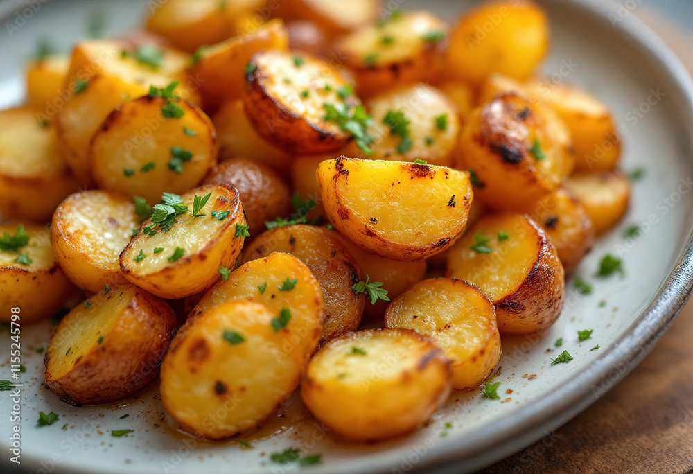 A close-up shot of a plate of golden-brown roasted potatoes garnished with chopped green herbs A close-up shot of a plate of golden-brown roasted potatoes garnished with chopped green herbs