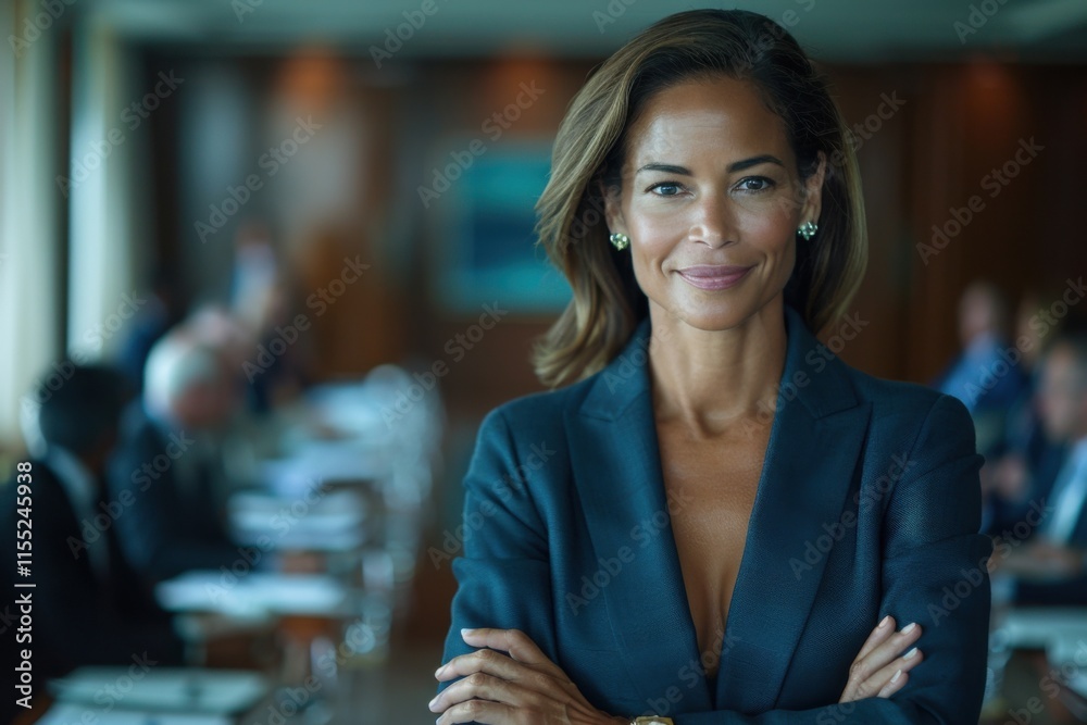 Smiling businesswoman in a blue suit stands confidently in a modern office. Her arms are crossed, and several people are working in the blurred background. Smiling businesswoman in a blue suit stands confidently in a modern office. Her arms are crossed, and several people are working in the blurred background.