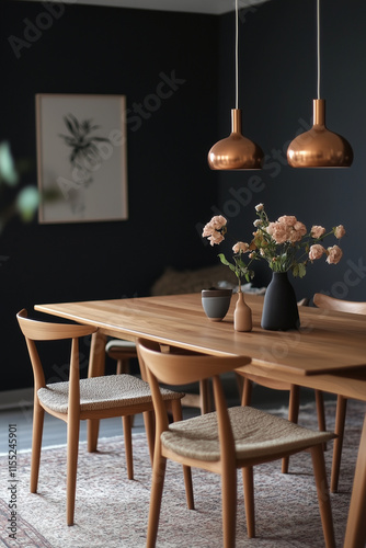 A light oak dining table and chairs sit against a soft beige wall, complemented by a minimal white countertop kitchen. The mid-century Scandinavian home 