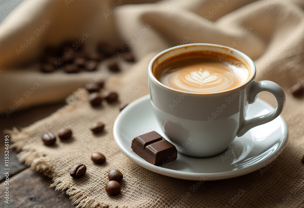 a cup of espresso coffee with a small chocolate square and a few coffee beans a cup of espresso coffee with a small chocolate square and a few coffee beans