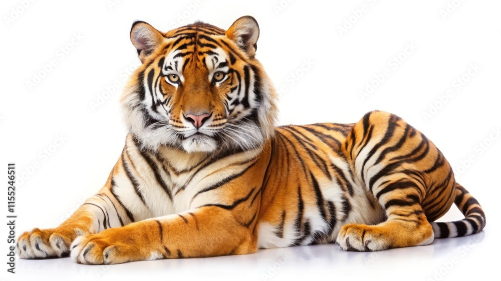 Striped Bengal tiger, a powerful wild cat, isolated on a white background Striped Bengal tiger, a powerful wild cat, isolated on a white background