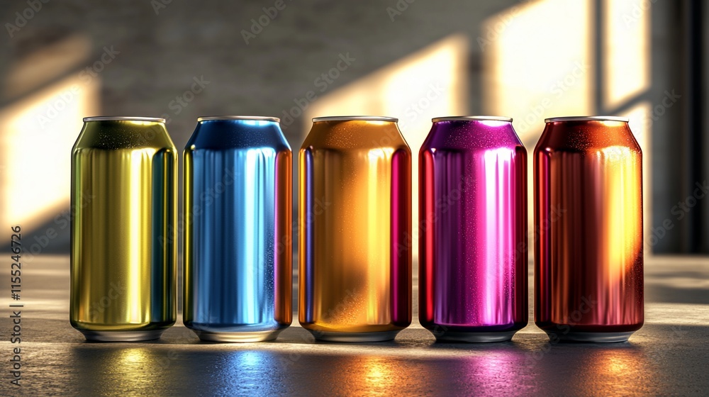 Five colorful aluminum cans in sunlight. Five colorful aluminum cans in sunlight.