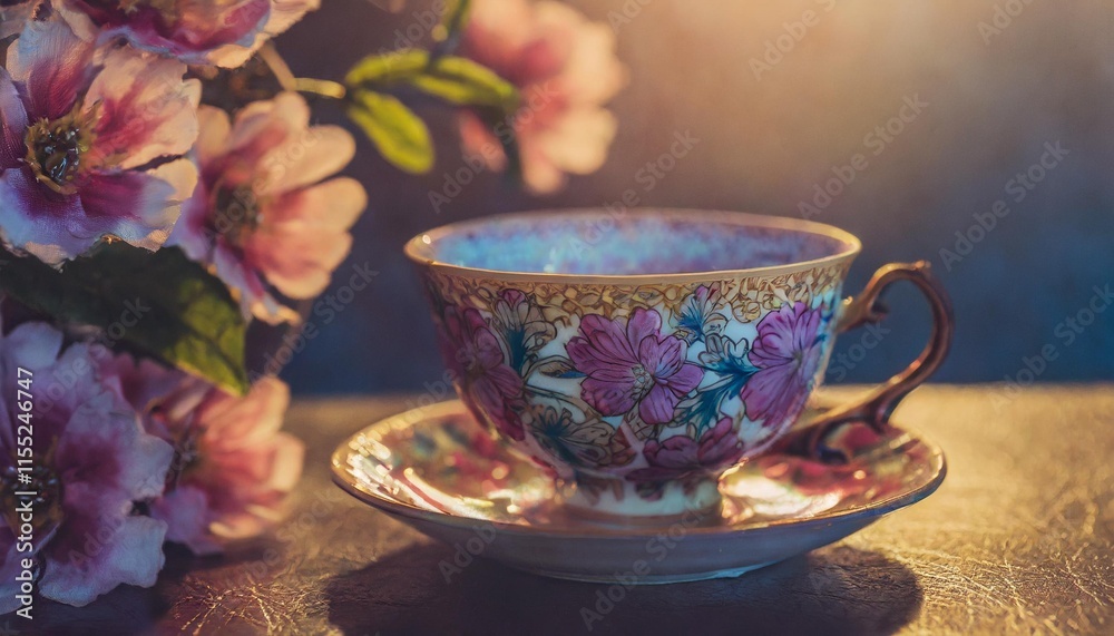 Floral pattern on a ceramic teacup with soft lighting Floral pattern on a ceramic teacup with soft lighting