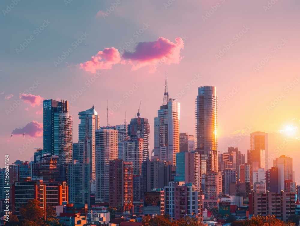 Fototapeta premium A stunning city skyline at sunset with skyscrapers bathed in warm hues and a serene sky with a few clouds.