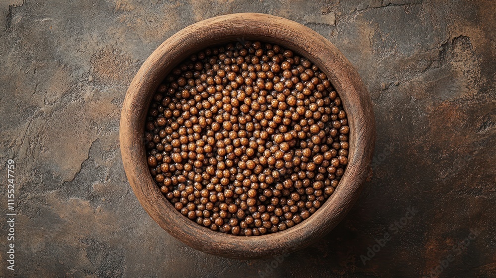 Round brown seeds in a rustic bowl on a stone surface. Round brown seeds in a rustic bowl on a stone surface.