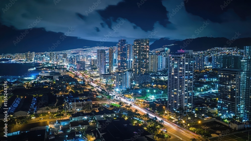 Naklejka premium Clean energy cityscape illuminated by LED lights and solar power