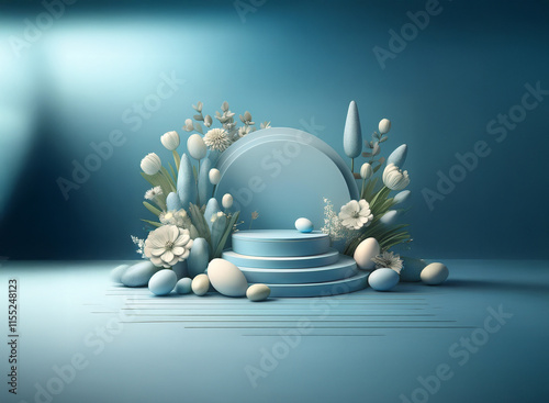 Serene Easter scene.  Pastel blue eggs and flowers encircle a tiered display platform, bathed in soft light.  Springtime elegance.