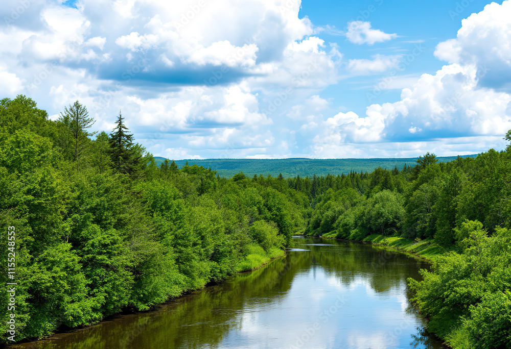 A scenic river flowing through a lush, green forest with blue sky and fluffy white clouds above A scenic river flowing through a lush, green forest with blue sky and fluffy white clouds above