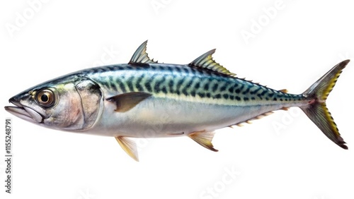 A glistening silver salmon, freshly caught from the sea, is isolated on a pristine white background, ready to become a delicious seafood meal photo