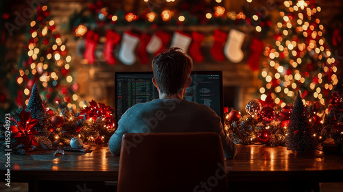 Wallpaper Mural A programmer works at his computer on Christmas Eve, surrounded by festive decorations. Torontodigital.ca