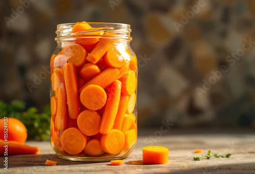 canned sliced carrots, beautifully arranged in a transparent glass jar