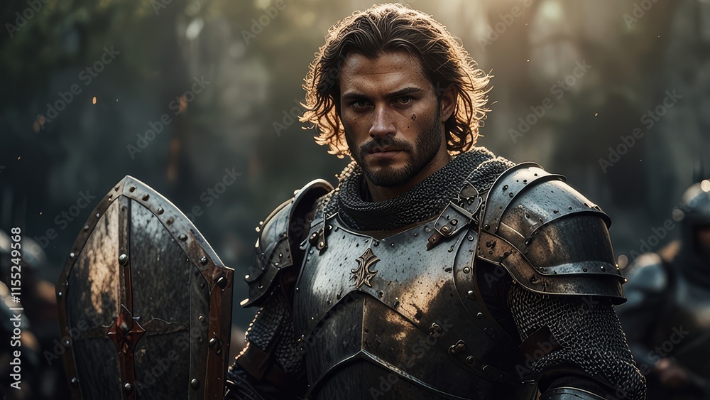 view of epic powerful medieval knight with sword and metal shield guardian warrior, mystic fantasy battle view of epic powerful medieval knight with sword and metal shield guardian warrior, mystic fantasy battle