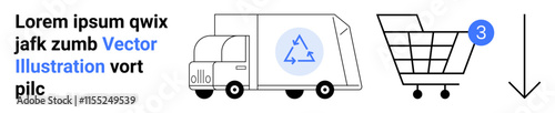 Delivery truck with recycling symbol, shopping cart with number 3 indicator, arrow pointing down. Ideal for e-commerce, online shopping, delivery services, recycling, logistics, step-by-step process