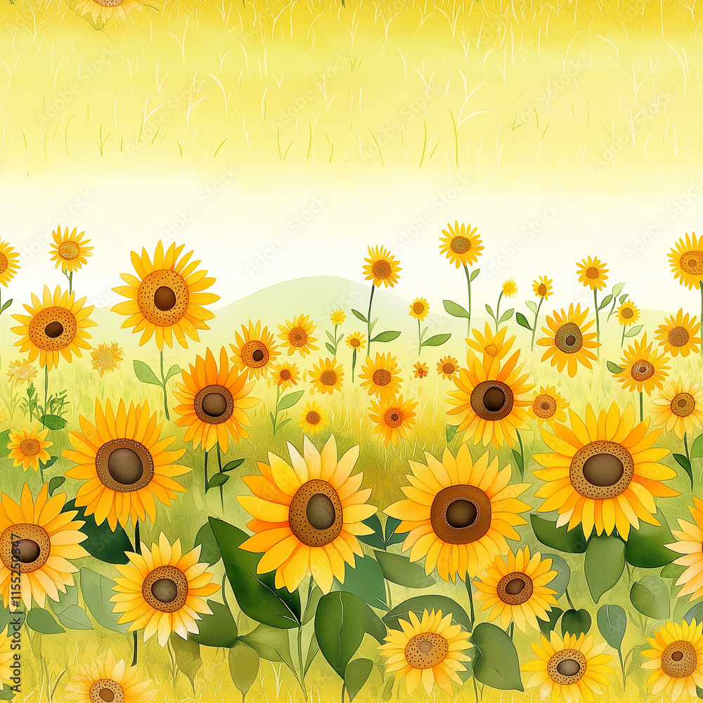Watercolor art of a sunflower field stretching toward the horizon under a pastel evening sky Watercolor art of a sunflower field stretching toward the horizon under a pastel evening sky