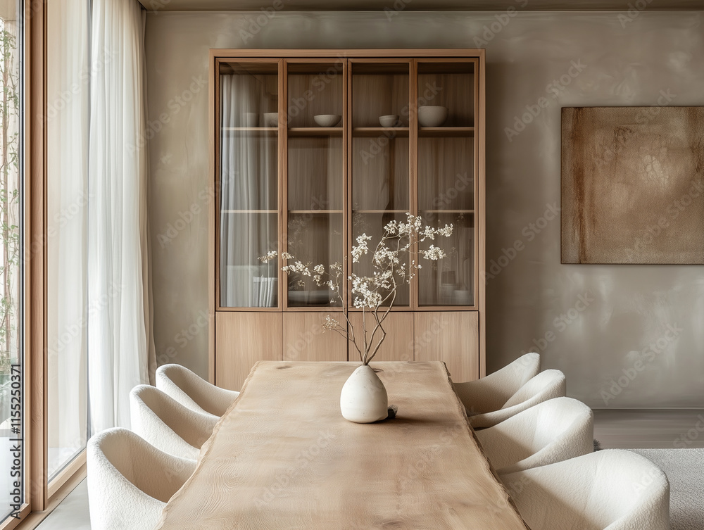 Fototapeta premium The minimalist Japandi dining setup featuring a long wooden table and a wooden chair. The rustic glass cabinet in the background