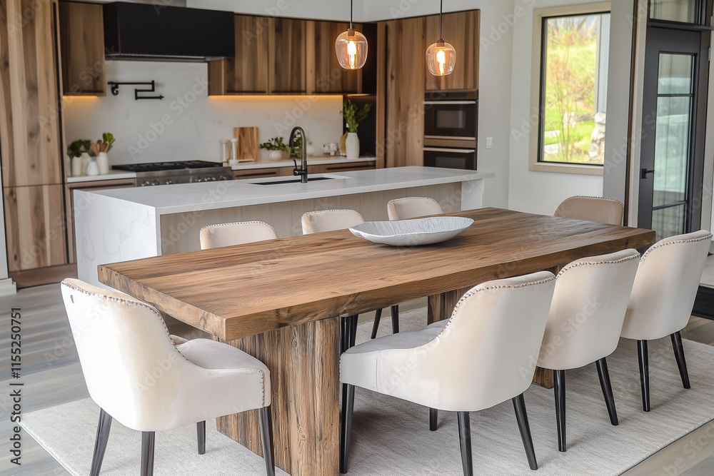 A light oak dining table and chairs sit against a soft beige wall, complemented by a minimal white countertop kitchen. The mid-century Scandinavian home A light oak dining table and chairs sit against a soft beige wall, complemented by a minimal white countertop kitchen. The mid-century Scandinavian home