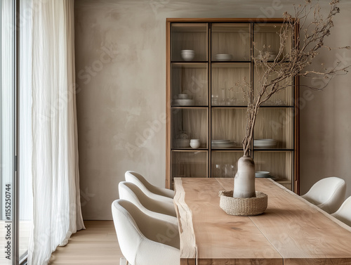  The minimalist Japandi dining setup featuring a long wooden table and a wooden chair. The rustic glass cabinet in the background 