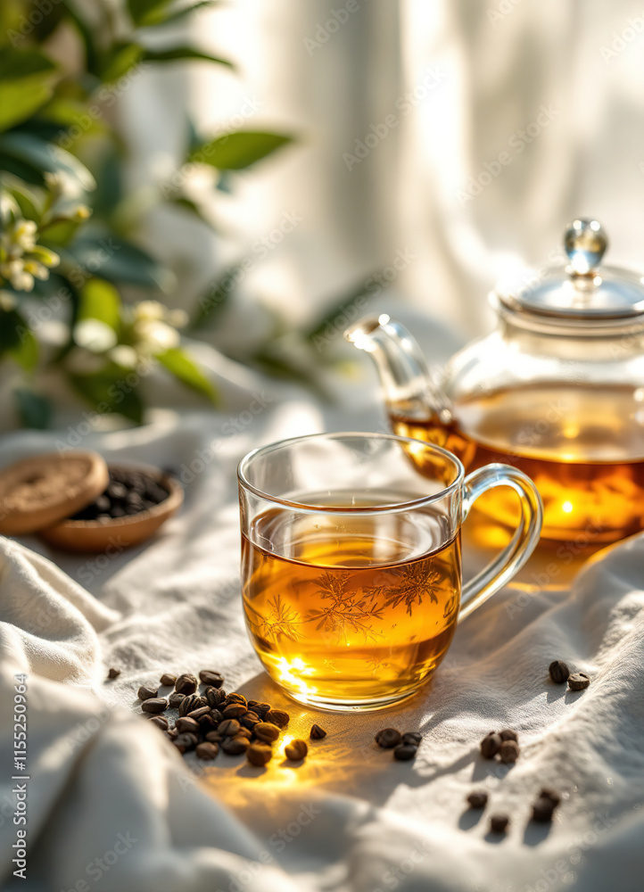 Tea glass and teapot, tea set on a silver background Tea glass and teapot, tea set on a silver background