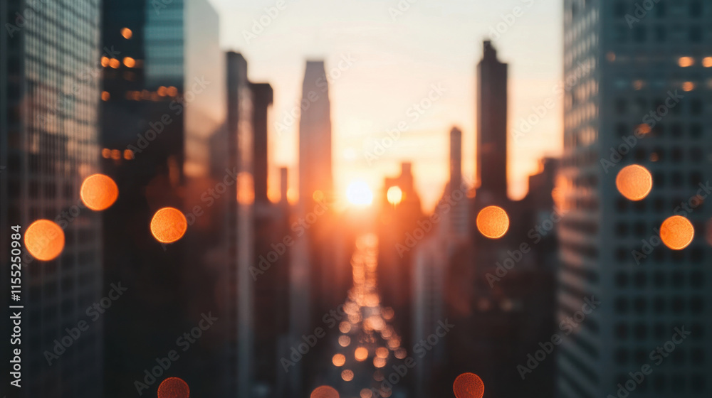 Blurring cityscape filled with towering skyscrapers at sunset, creating a stunning orange bokeh effect that enhances the vibrant atmosphere of a bustling urban scene Blurring cityscape filled with towering skyscrapers at sunset, creating a stunning orange bokeh effect that enhances the vibrant atmosphere of a bustling urban scene