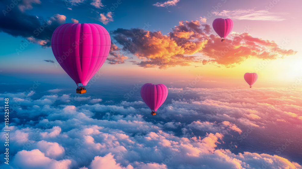 Obraz premium Heart-shaped Hot Air Balloons Soaring Above a Sea of Clouds at Sunset
