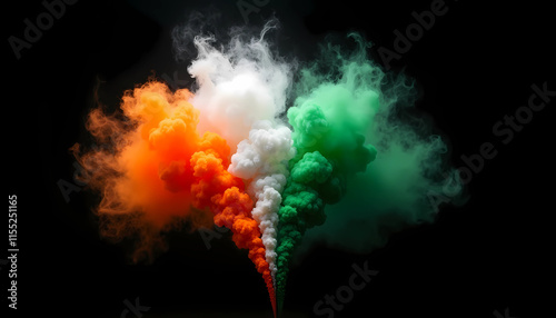 Tri-color smoke bomb in saffron, white, and green against a black background, representing the Indian flag's colors, generative ai