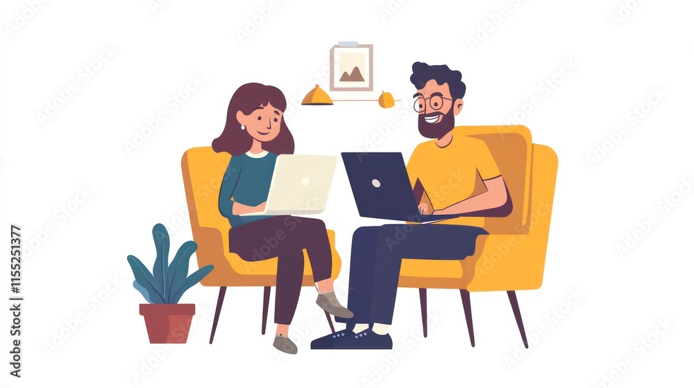 Man and woman working together on laptops in armchairs. Man and woman working together on laptops in armchairs.