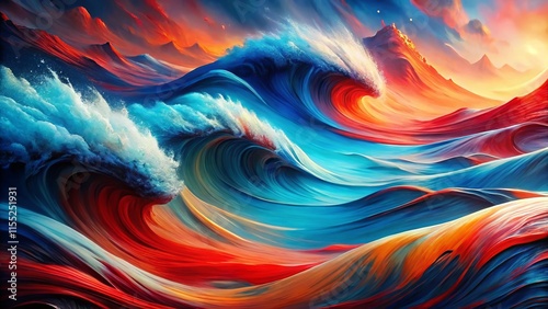 Abstract Blue Red Wave Painting, Eye Level, Digital Art, Fluid Art, Modern Art