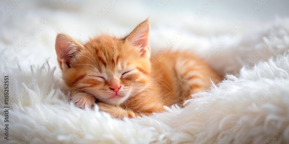 Obraz premium Adorable Red Kitten Napping on Fluffy White Blanket - Cute Cat Sleeping Action Shot