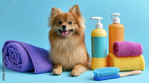 Pets Care and Grooming Concept, Bright and Organized Pet Grooming Kit with Eco-Friendly Products for Dog Care