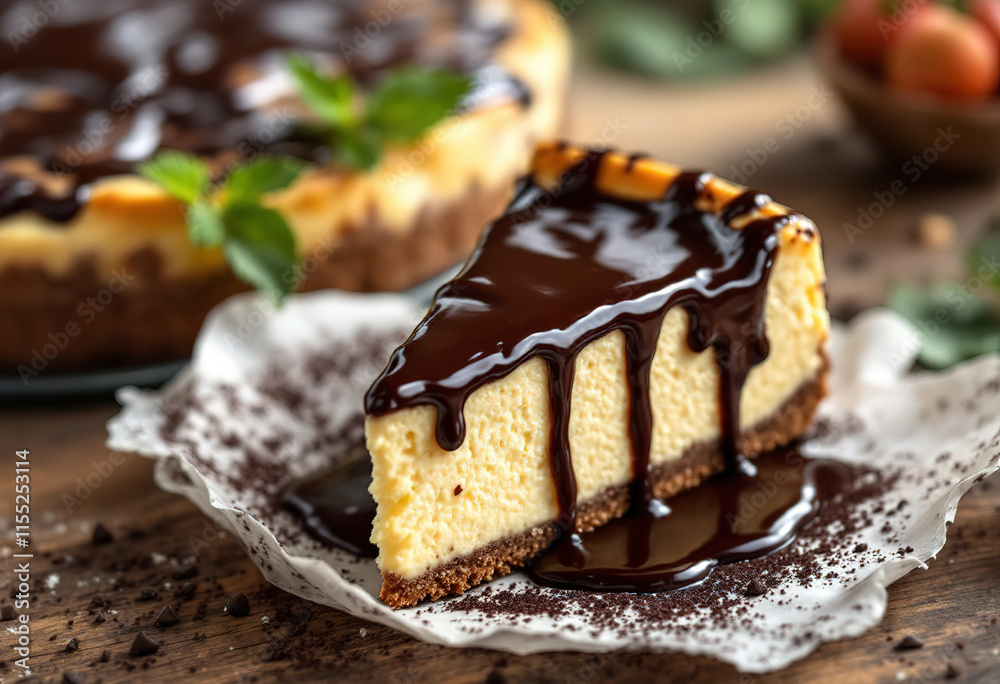 A delectable slice of cheesecake, topped with a glossy chocolate sauce A delectable slice of cheesecake, topped with a glossy chocolate sauce