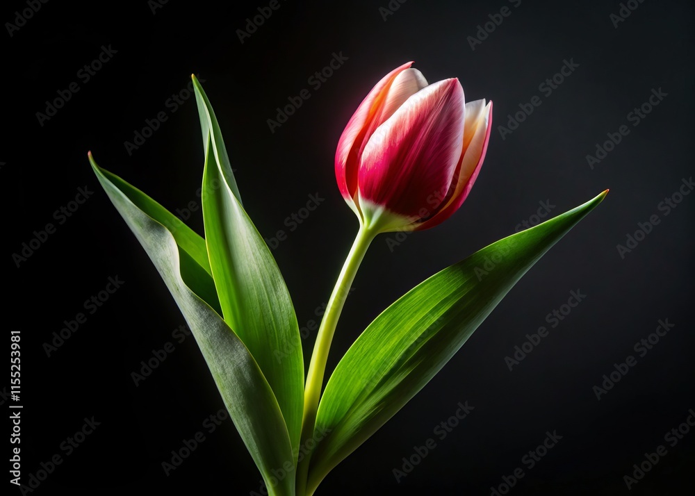 Black Background Simple Tulip Flower Design, Eye Level, Minimalist Single Tulip Leaf