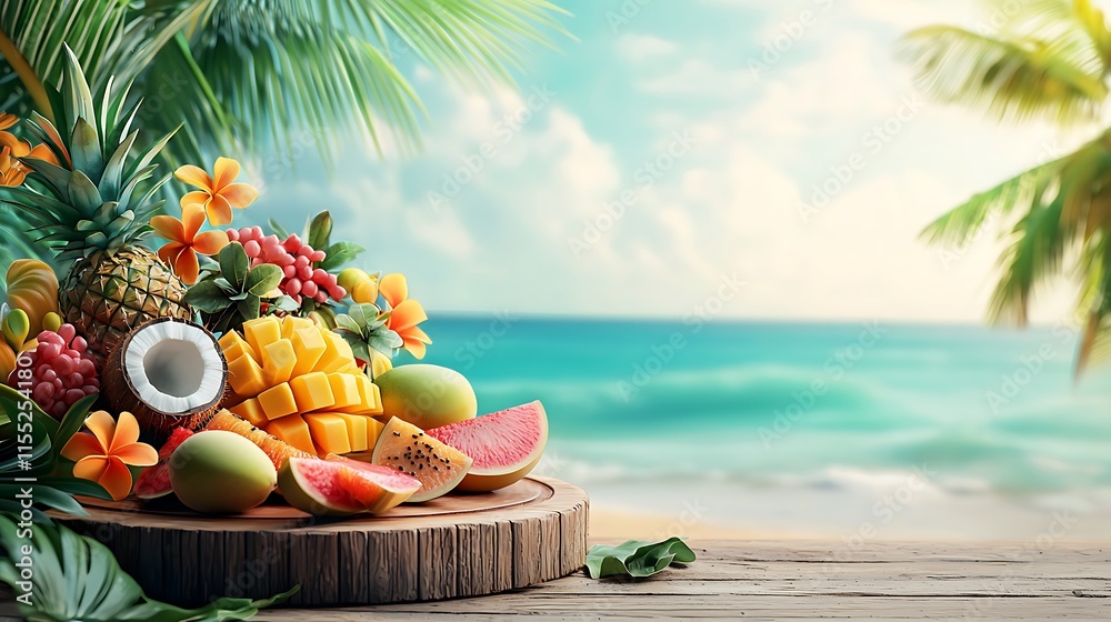 Tropical Fruits Displayed on Wooden Stump Near Ocean Tropical Fruits Displayed on Wooden Stump Near Ocean