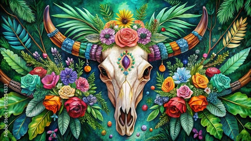 Bohemian Cow Skull Antlers Watercolor Painting: Bird's Eye View, Floral, Crystals, Feathers
