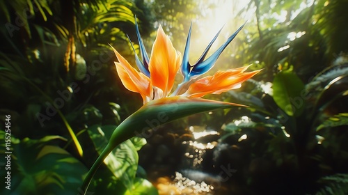 Fototapeta Naklejka Na Ścianę i Meble -  Vibrant bird of paradise flower in lush tropical rainforest.